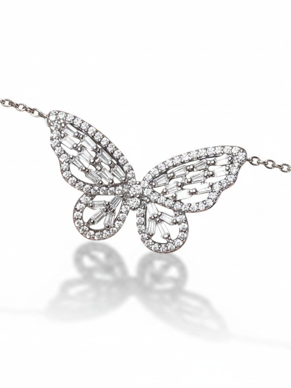 JCM Brass Silver Plated Cubic Zirconia Butterfly Necklace 18"